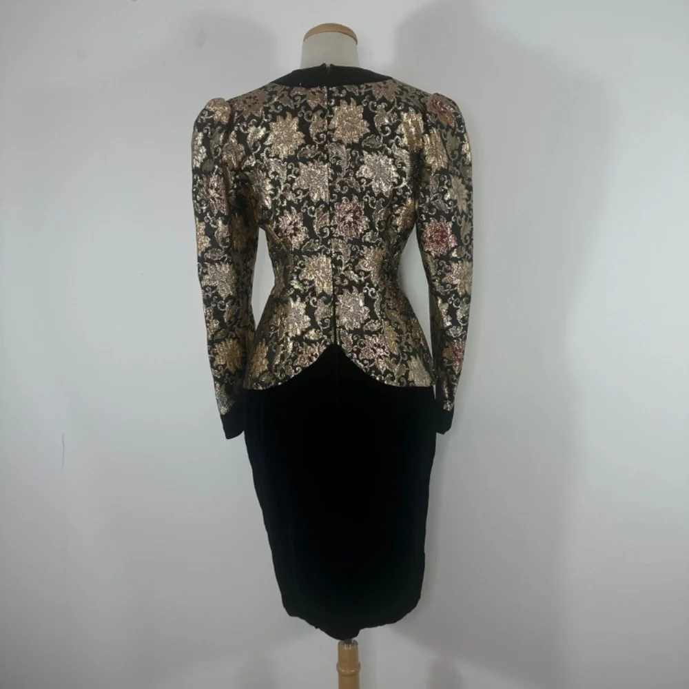 VTG JESSICA McCLINTOCK Velvet Brocade Party Dress Puff Black Gold Ball Gown 10